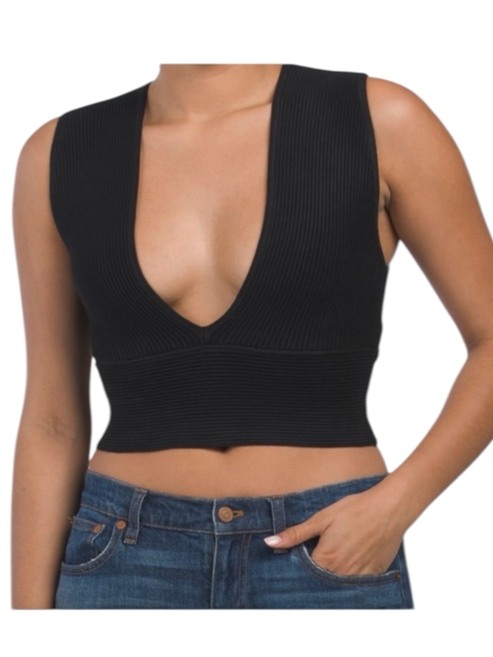 House of Harlow 1960 Sz M Black Ribbed Deep V Cropped Compression Top